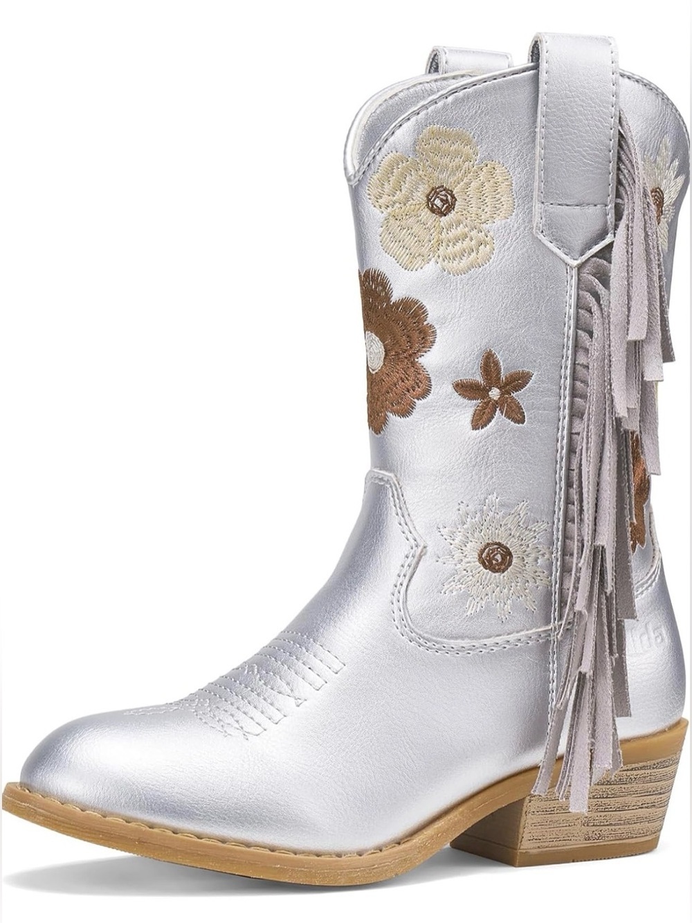 Rollda Silver Floral Embroidered Fringe Western Cowboy Boot Girl’s Size 4